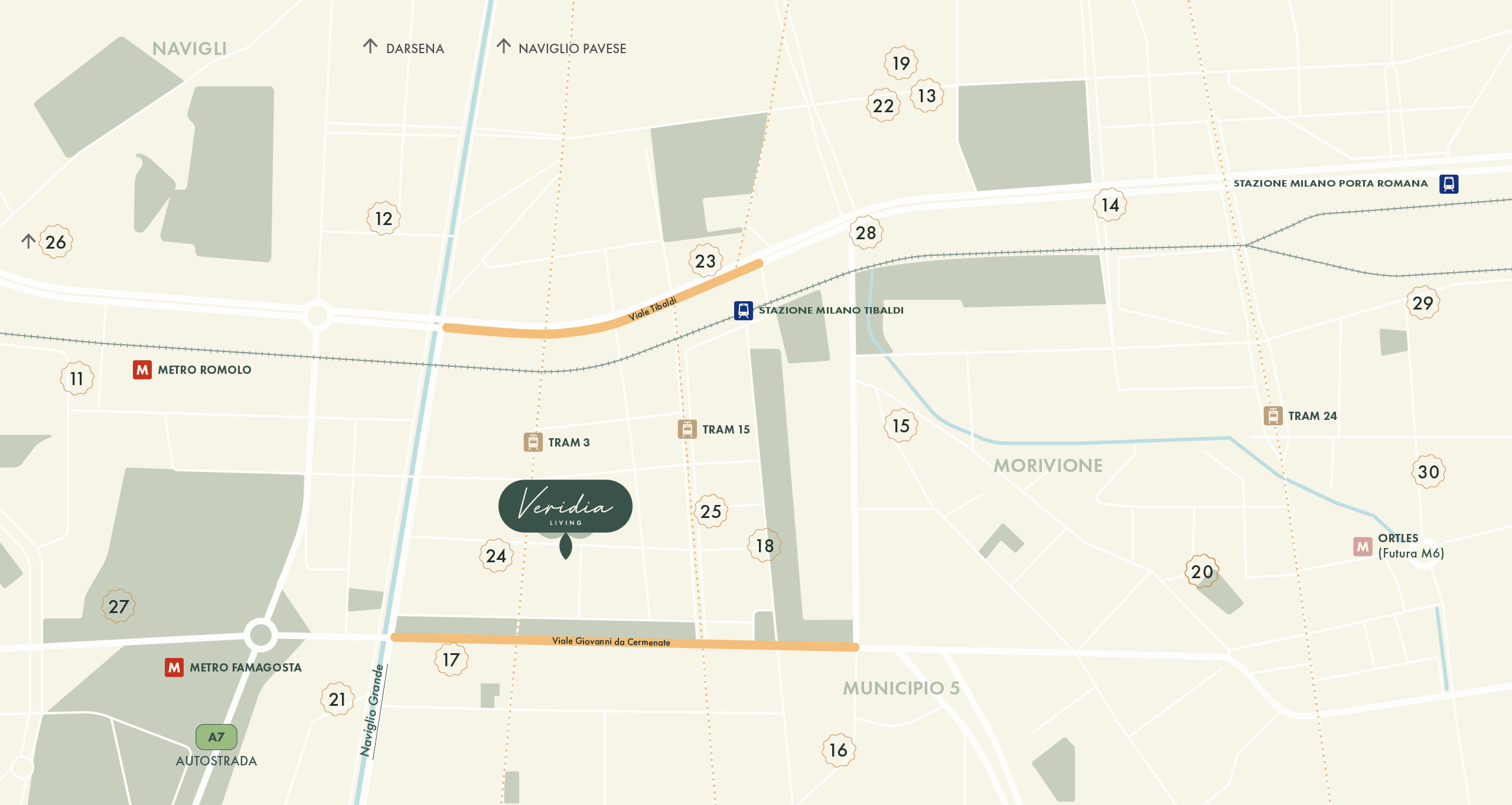 Mappa della zona di Veridia Living e i principali servizi e collegamenti di Milano