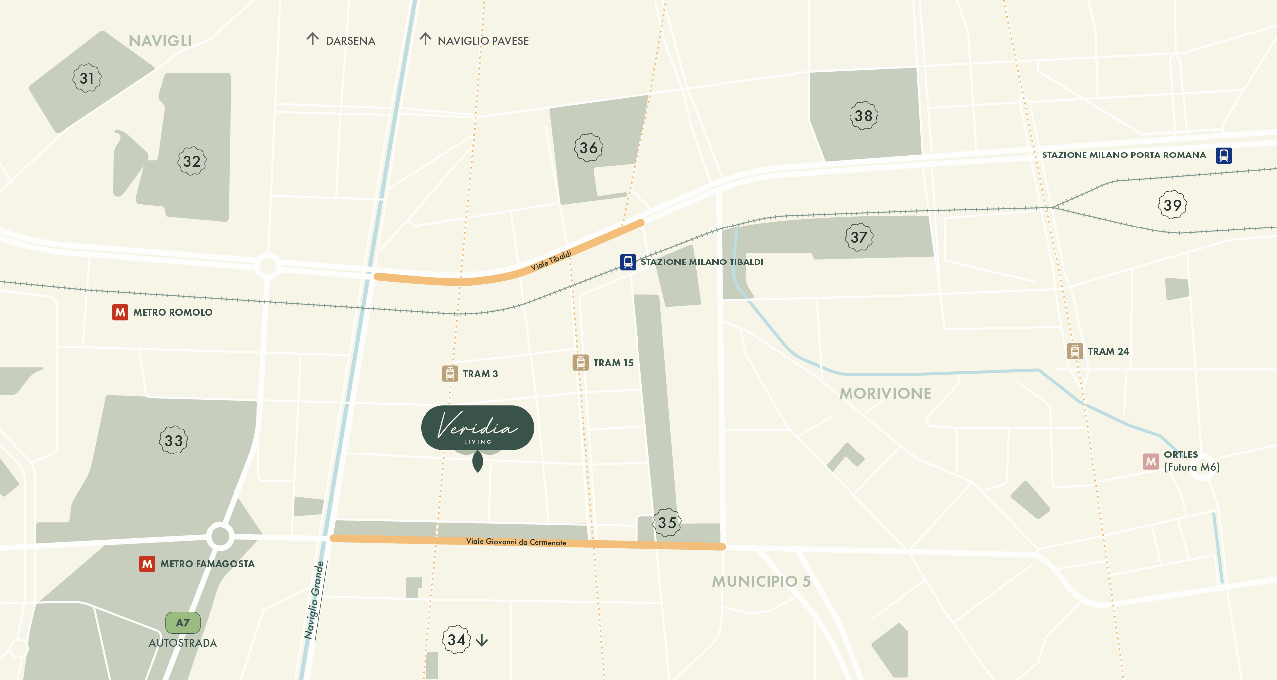 Mappa della zona di Veridia Living e i principali servizi e collegamenti di Milano